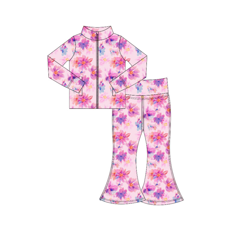 Preorder (moq 5)Baby Girls Pink Watercolor Flower Zipper Pockets Jackets Bell Bottom Pant Set