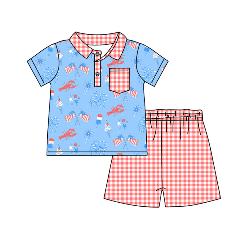 Preorder(MOQ 5) Baby Boys 4th Of July Flag Crawfish Pocket Top Shorts Clothes Sets