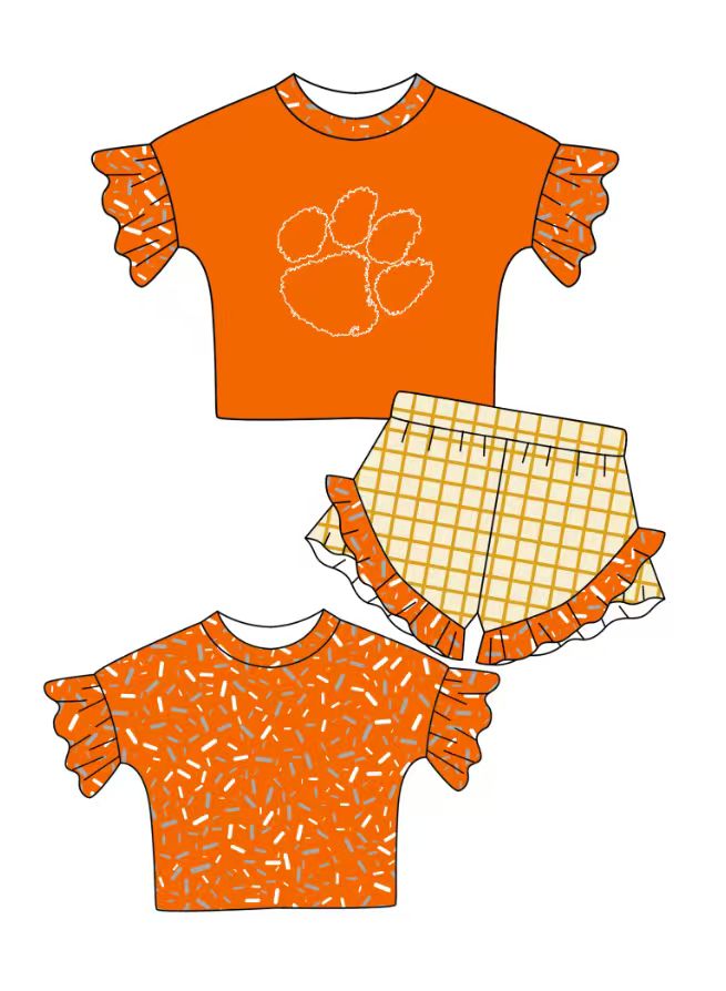 Preorder (moq 5)Baby Girls Orange Sprinkles Pawls Tiger Top Checked Ruffle Shorts Team Clothes Set