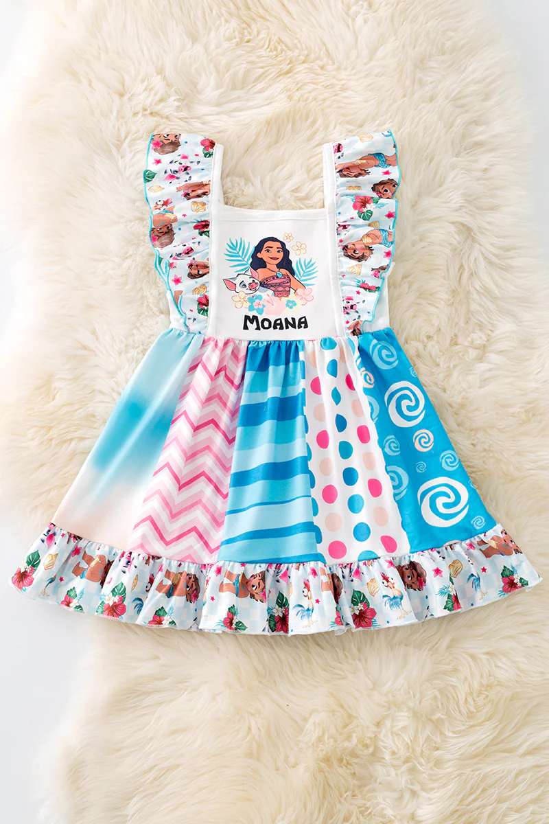 Preorder moq 5 Baby Girls Flutter Sleeves Cartoon Girl Flowers Knee Length Dress