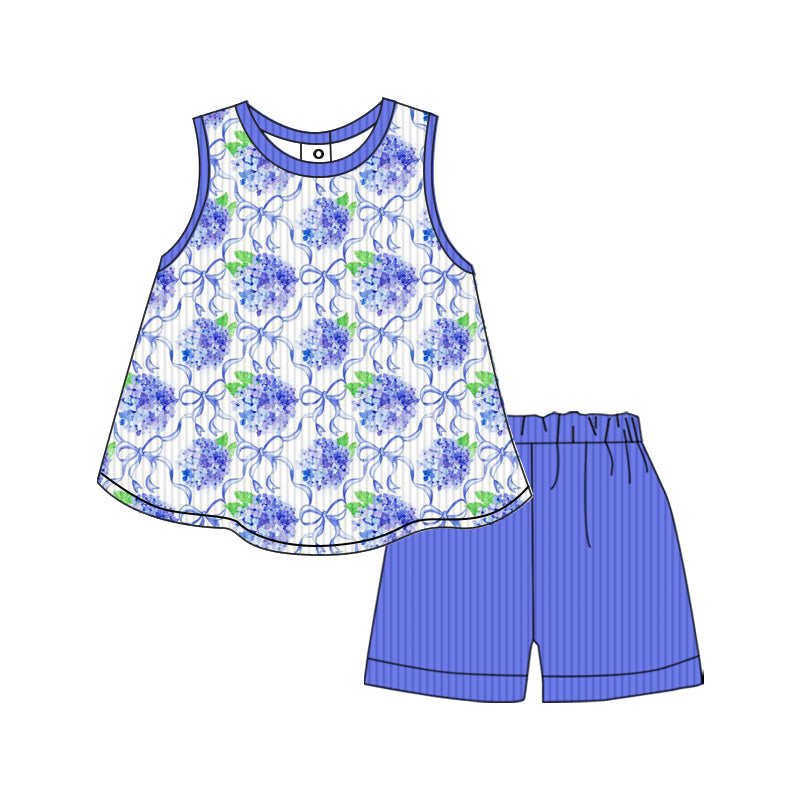Preorder (moq 5)Baby Girls Summer Blue Flowers Tunic Shorts Clothes Sets