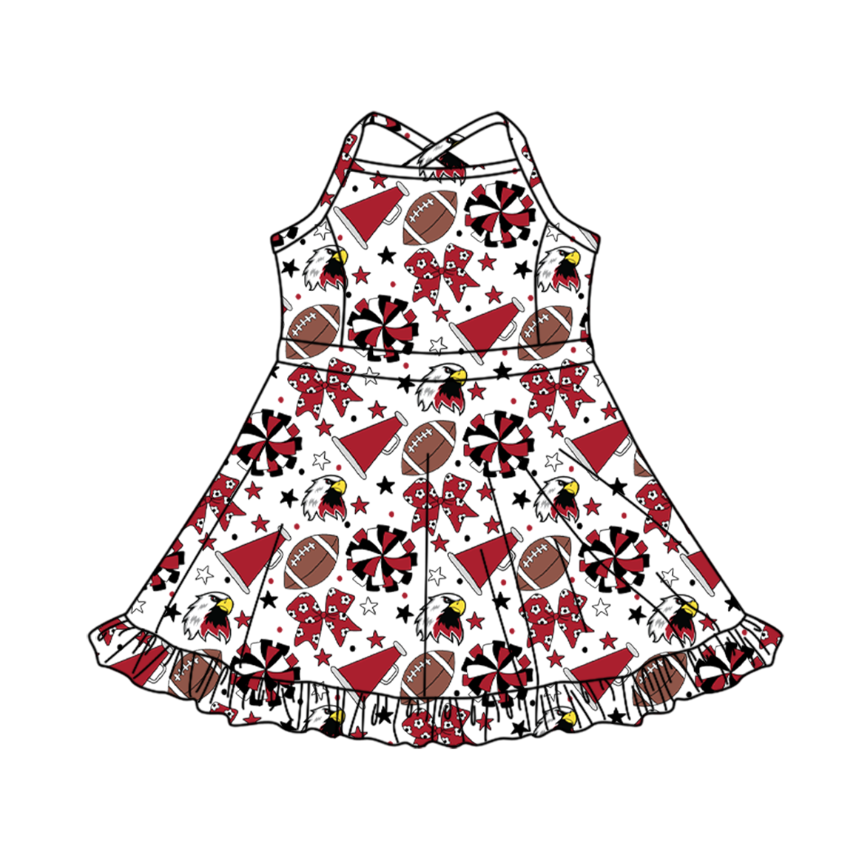 Preorder (moq 5)Baby Girls Strap Bows Stars Footballs Team Shorts Ruffle Knee Length Dress