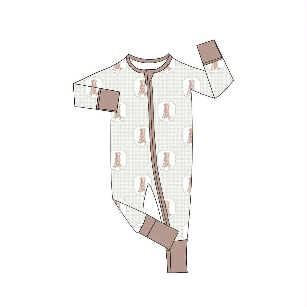 Preorder (moq 5)Baby Boys Khaki Dogs Checkered Zipper Rompers