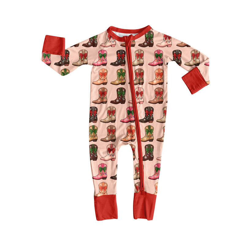 Preorder (moq 8)Baby Boys Long Sleeve Lights Boots Checked Christmas Zipper Footie Rompers