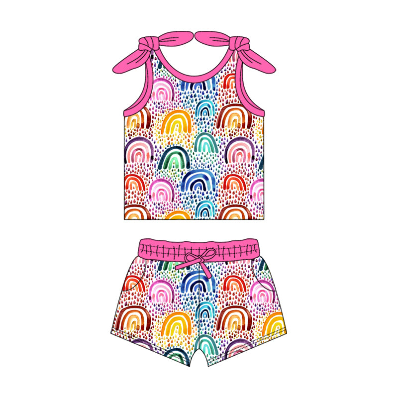 Preorder (moq 5)Baby Girls Colorful Dots Rainbow Summer Shirt Top Shorts Clothes Sets