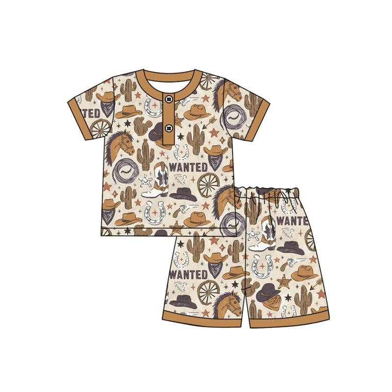 Preorder (moq 5)Baby Boys Western Hats Cactus Horse Button Shirt Shorts Pajamas Clothes Sets