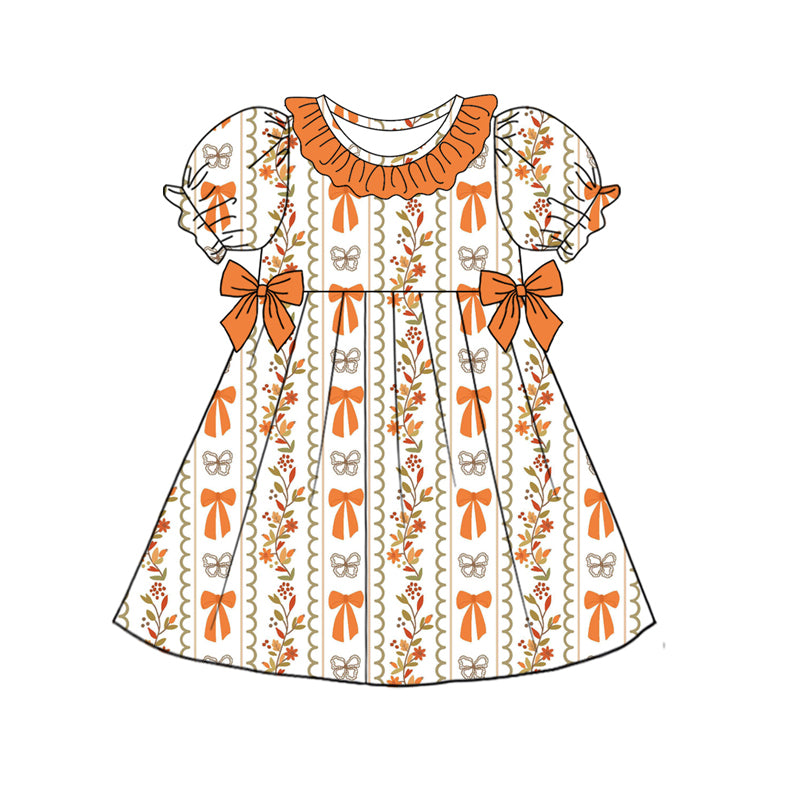Preorder (moq 5)Baby Girls Orange Short Ruffle Sleeves Butterfly Bows Floral Knee Length Dresses