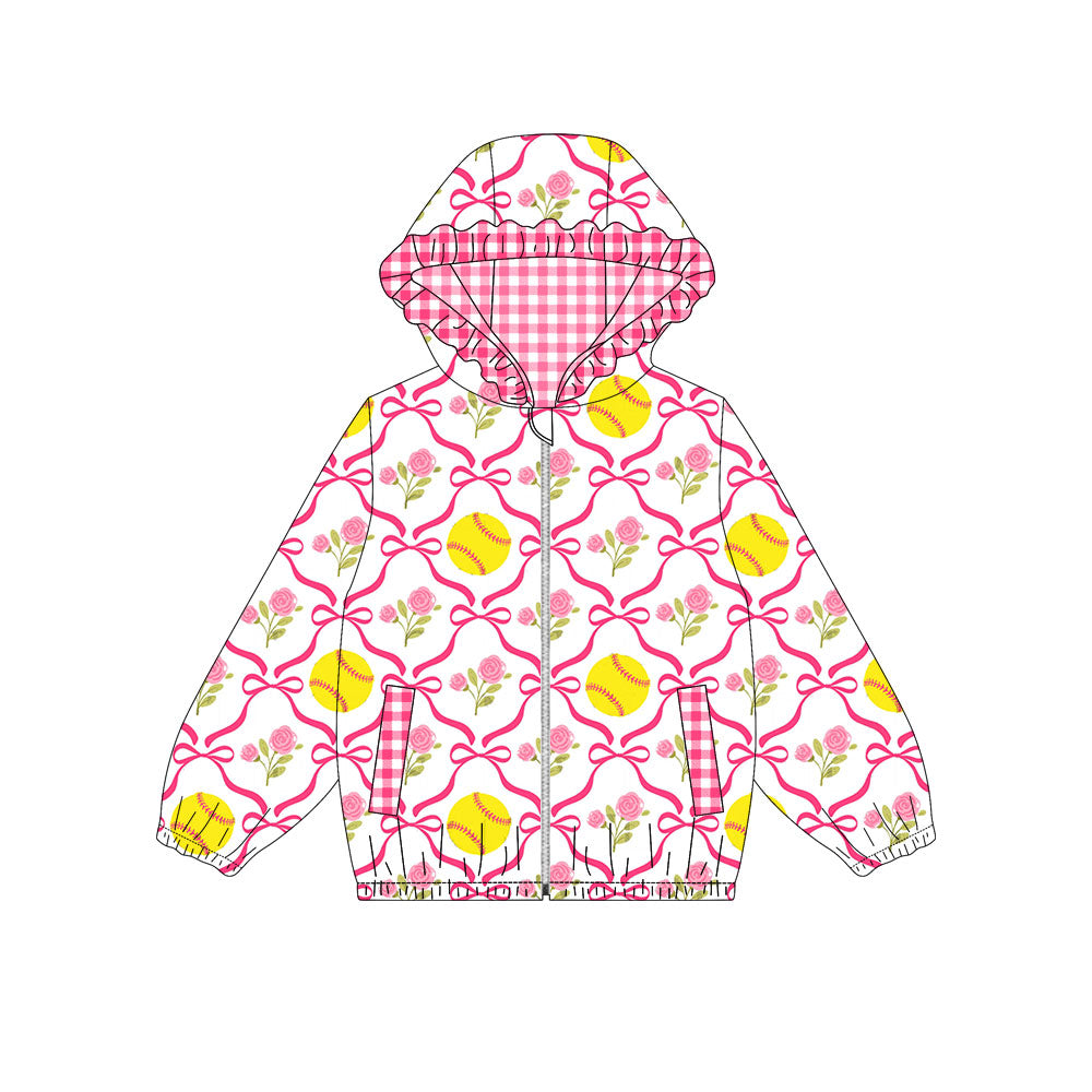 Preorder (moq 5) Baby Girl Clothes Softball Rose Bow Print Long Sleeve Zip Up Hooded Jacket