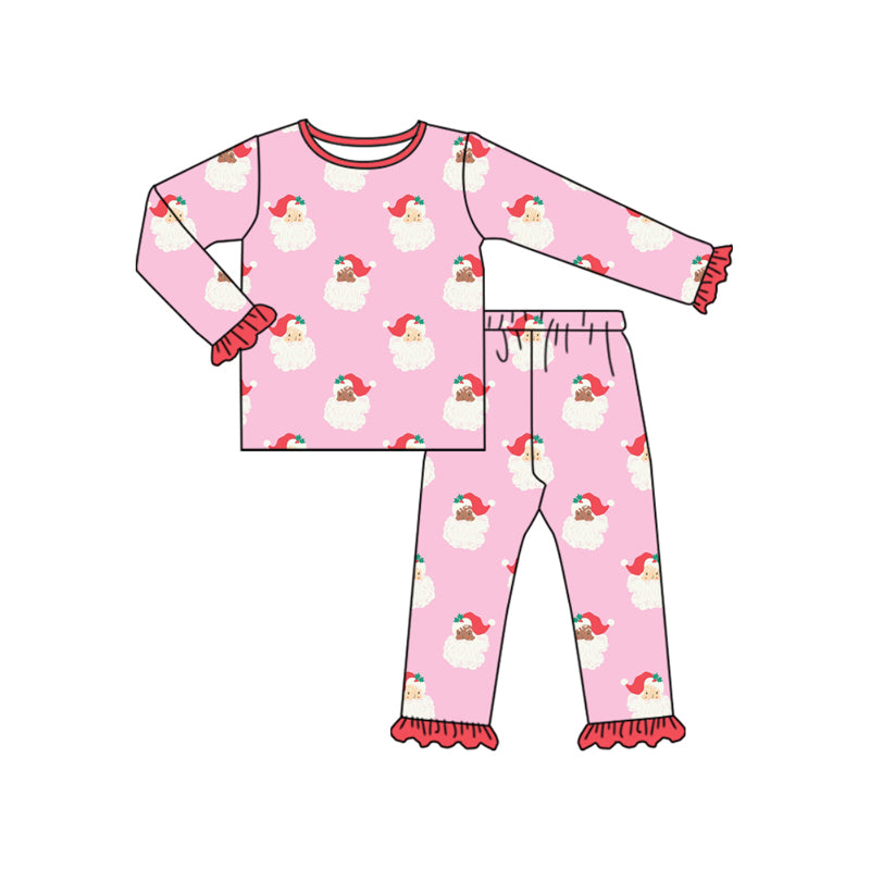 Preorder (moq 5)Baby Girls Hot Pink Long Ruffle Sleeves Santa Plaid Top Pant Pajamas Sets