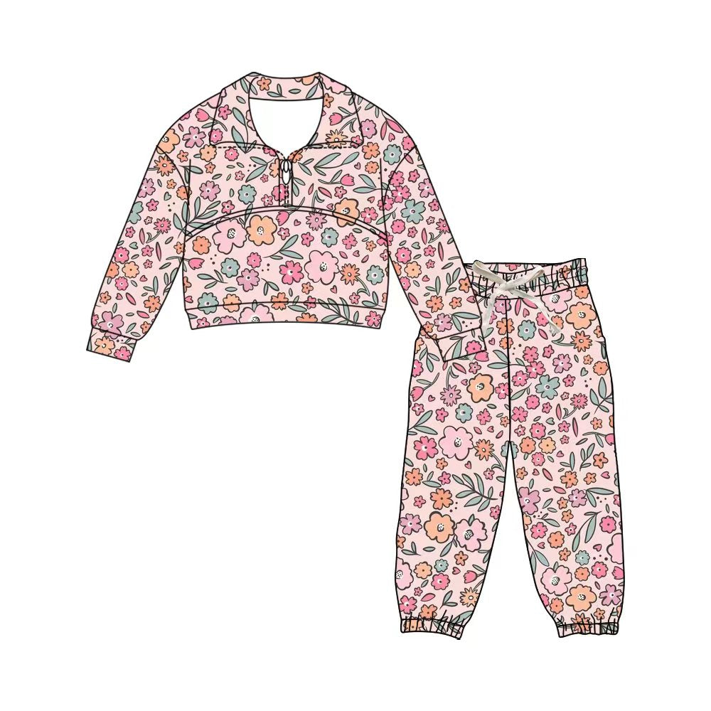 Preorder (moq 5)Baby Girls Colorful Flowers Zipper Pullover Jogger Pants Clothes Sets