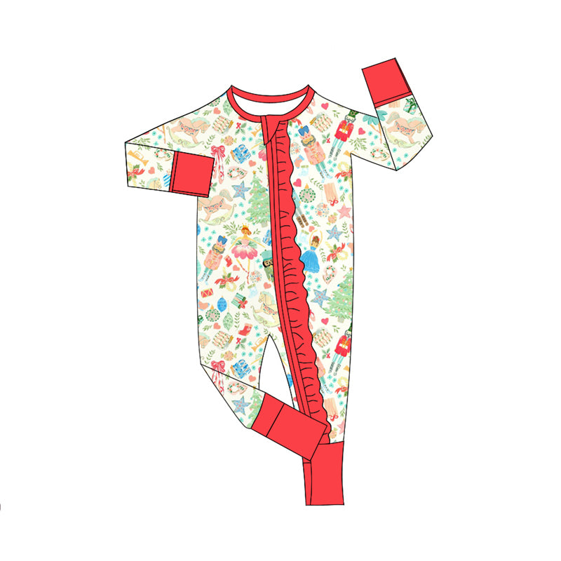 Preorder(moq 5)Baby Infant Girls Long Sleeves Christmas Trees Soldiers Ruffle Zipper Rompers
