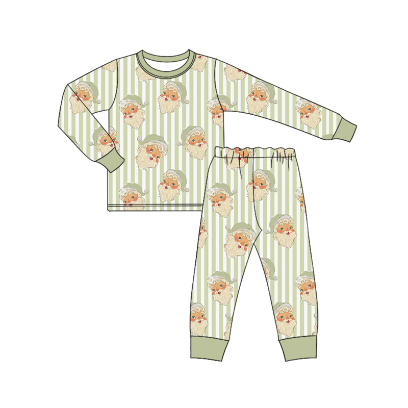 Preorder (moq 5)Baby Boys Long Sleeves Green Stripe Santa Top Pant Pajamas Set