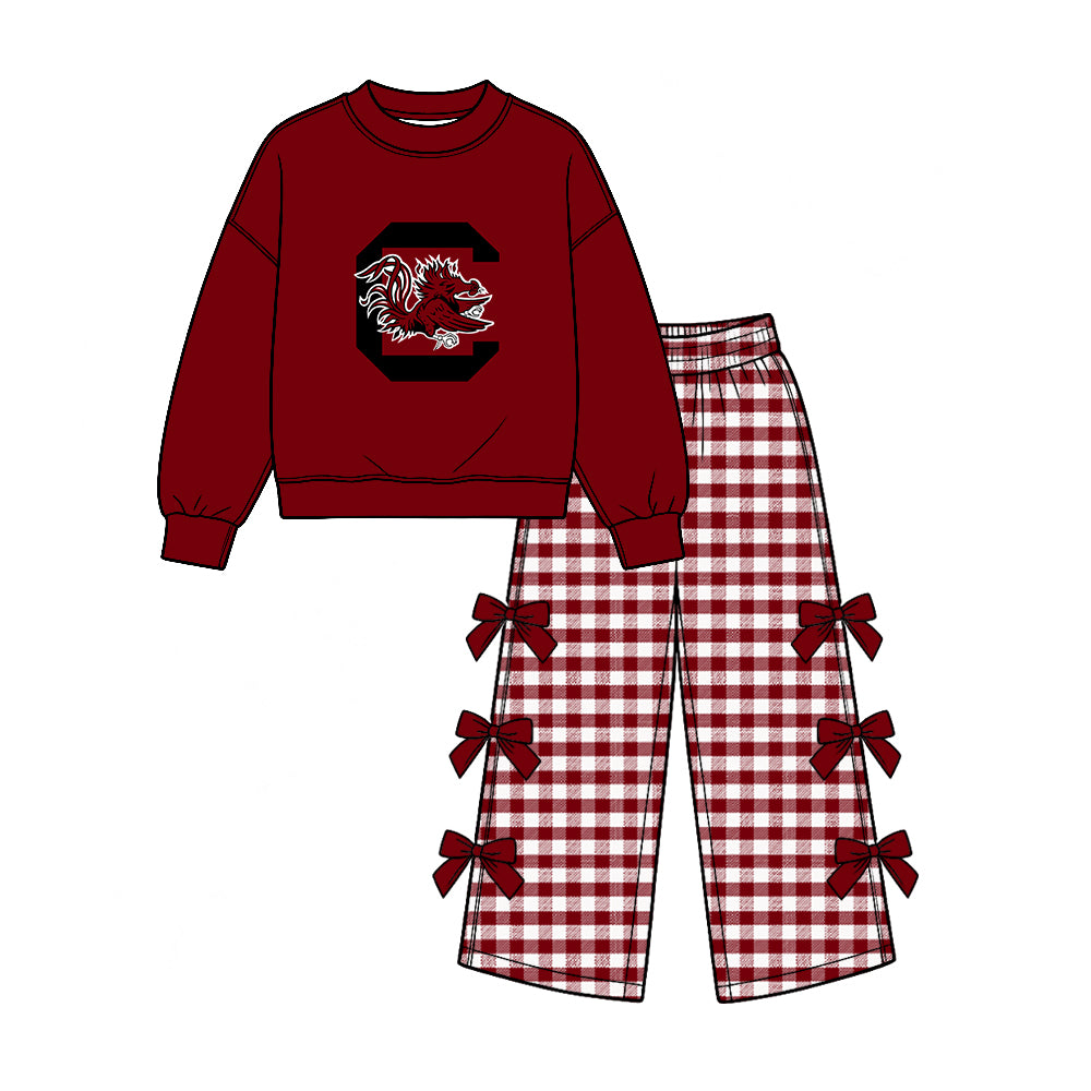 Preorder (moq 5) Baby Girl Clothes South Carolina Gamecocks C Cock Graphic Long Sleeve Top Gingham Bow Wide Leg Pant Outfit Set