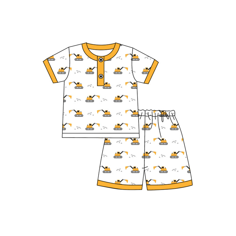 Preorder moq 5 Baby Boys Yellow Short Sleeves Excavators Button Top Short Pajamas Set