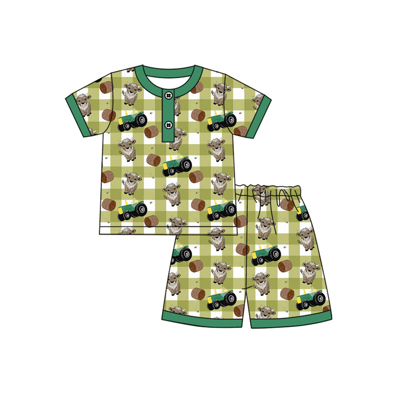 Preorder moq 5 Baby Boys Green Plaid Short Sleeves Cows Trucks Button Top Short Pajamas Set
