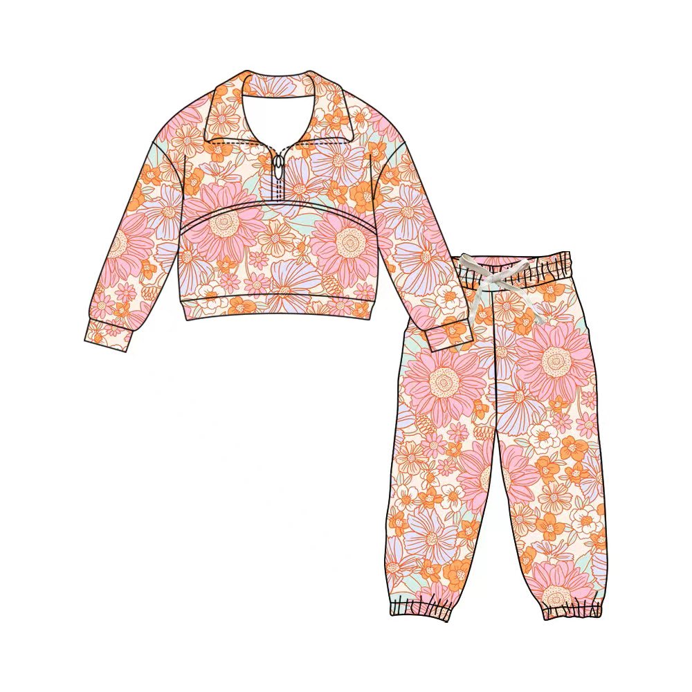 Preorder (moq 5)Baby Girls Colorful Daisy Flowers Zipper Pullover Jogger Pants Clothes Sets