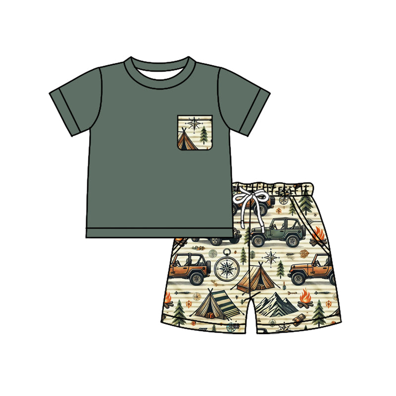 Preorder moq 5 Baby Boys Dark Green Short Sleeves Pocket Top Trucks Mountains Short Set