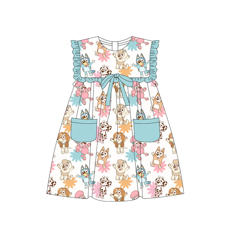 Preorder (moq 5)Baby Girls Aqua Sleeveless Cartoon Dogs Flowers Pockets Knee Length Dresses