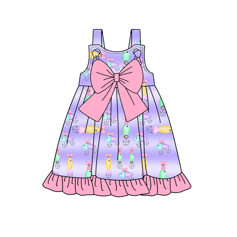 Preorder (moq 5)Baby Girls Purple Fishing Bows Knee Length Dresses