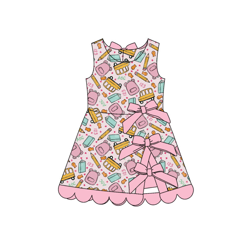 Preorder moq 5 Baby Girls Bus Pencils Shorts Scallop Back to School Knee Length Dresses