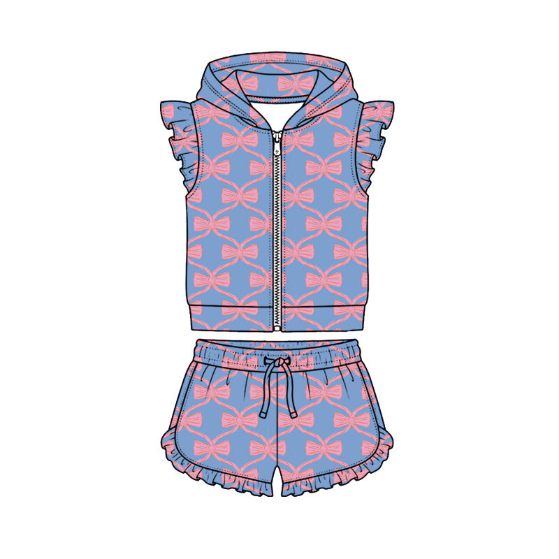 Preorder (moq 5)Baby Girls Pink Bows Checked Hoodie Zip Jacket Ruffle Short Clothes Sets