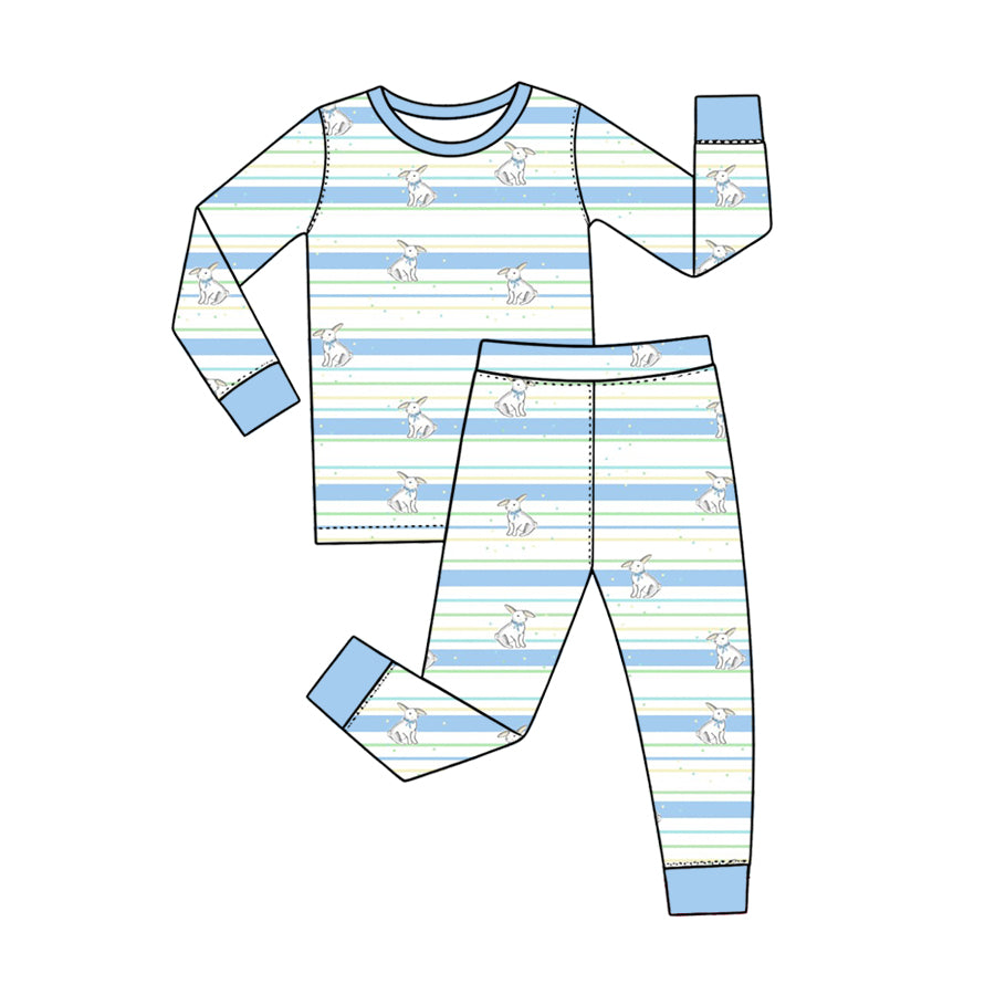 Preorder (moq 5) Baby Boy Clothes Easter Blue Stripe Bunny Print Long Sleeve Pajama Set