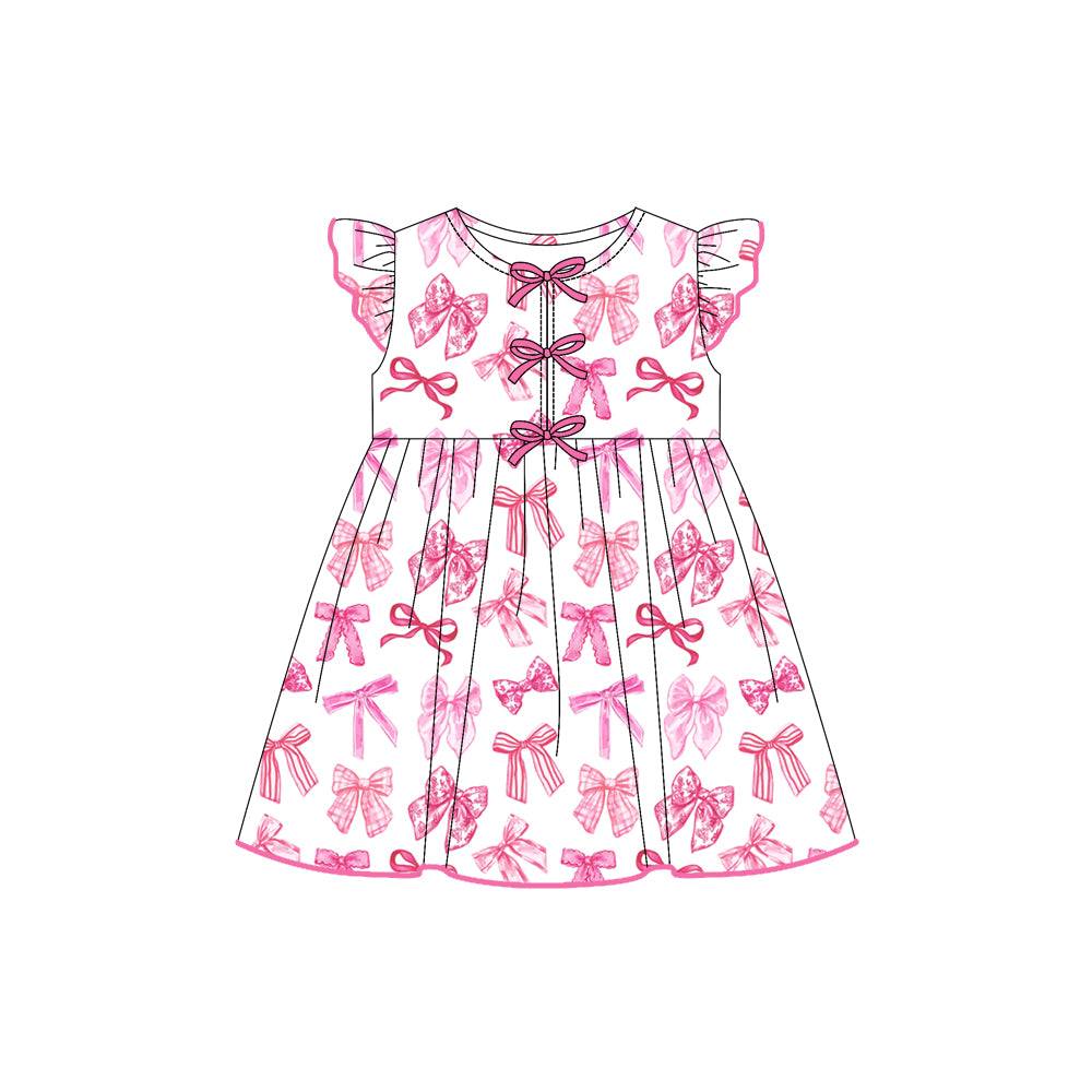 Preorder (moq 5)Baby Girls Flutter Sleeves Pink Bows Plaid Knee Length Dresses