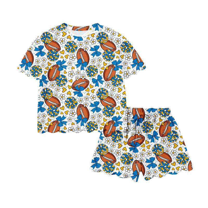 Preorder (moq 5)Baby Girls Blue Bows Footballs Top Scallop Shorts Team Cheer Clothes Sets