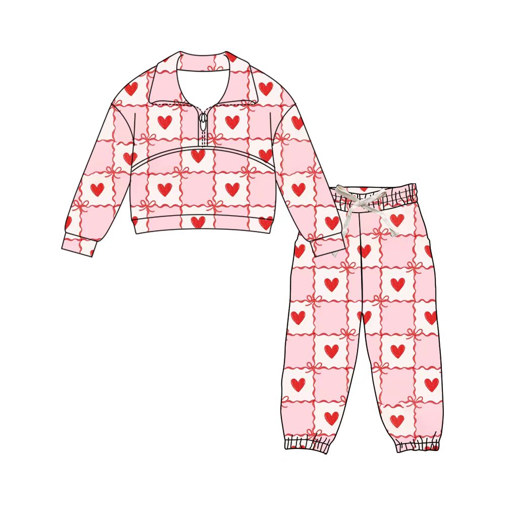 Preorder (moq 5)Baby Girls Bow Hearts Checked Zipper Pullover Jogger Pants Valentines Clothes Sets