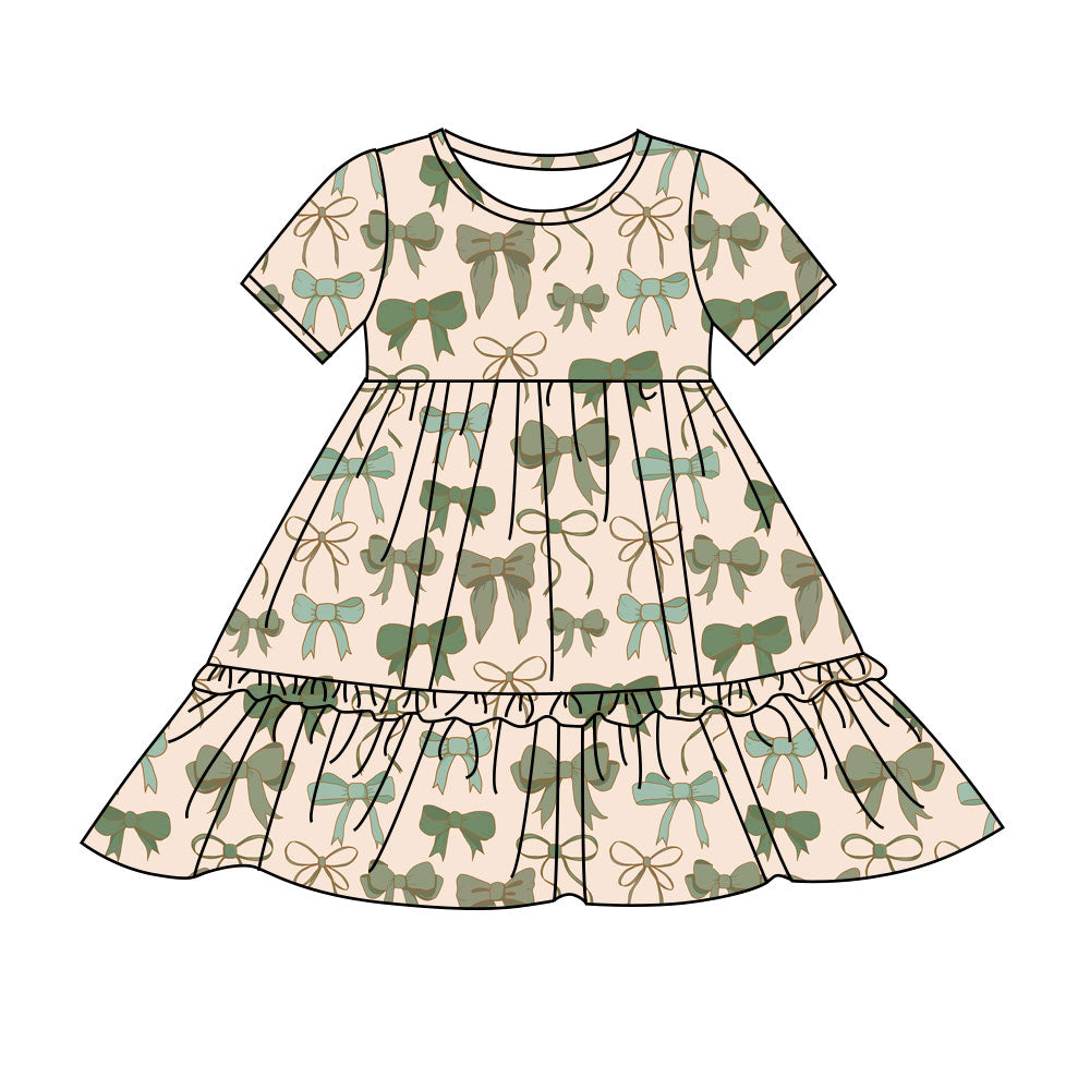 Preorder(moq 8)Baby Girls Green Blue Bows Plaid Ruffle Knee Length Dresses