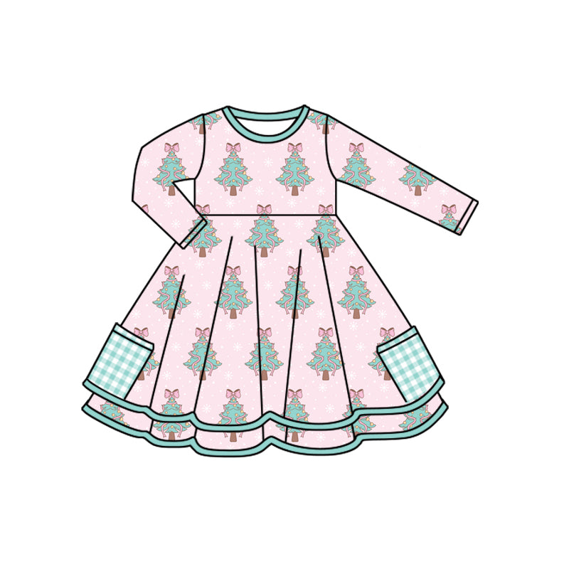 Preorder (moq 5)Baby Girls Long Sleeves Bows Christmas Trees Plaid Pockets Knee Length Dresses