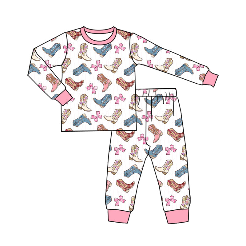 Preorder (moq 5)Baby Girls Flower Boots Bows Top Pants Western Pajamas Sets