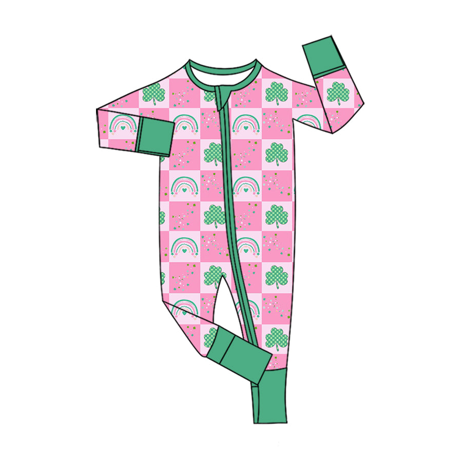 Preorder (moq 5) Baby Girl Clothes St Patricks Day Patchwork Clover Hat Floral Print Long Sleeve Zipper Romper