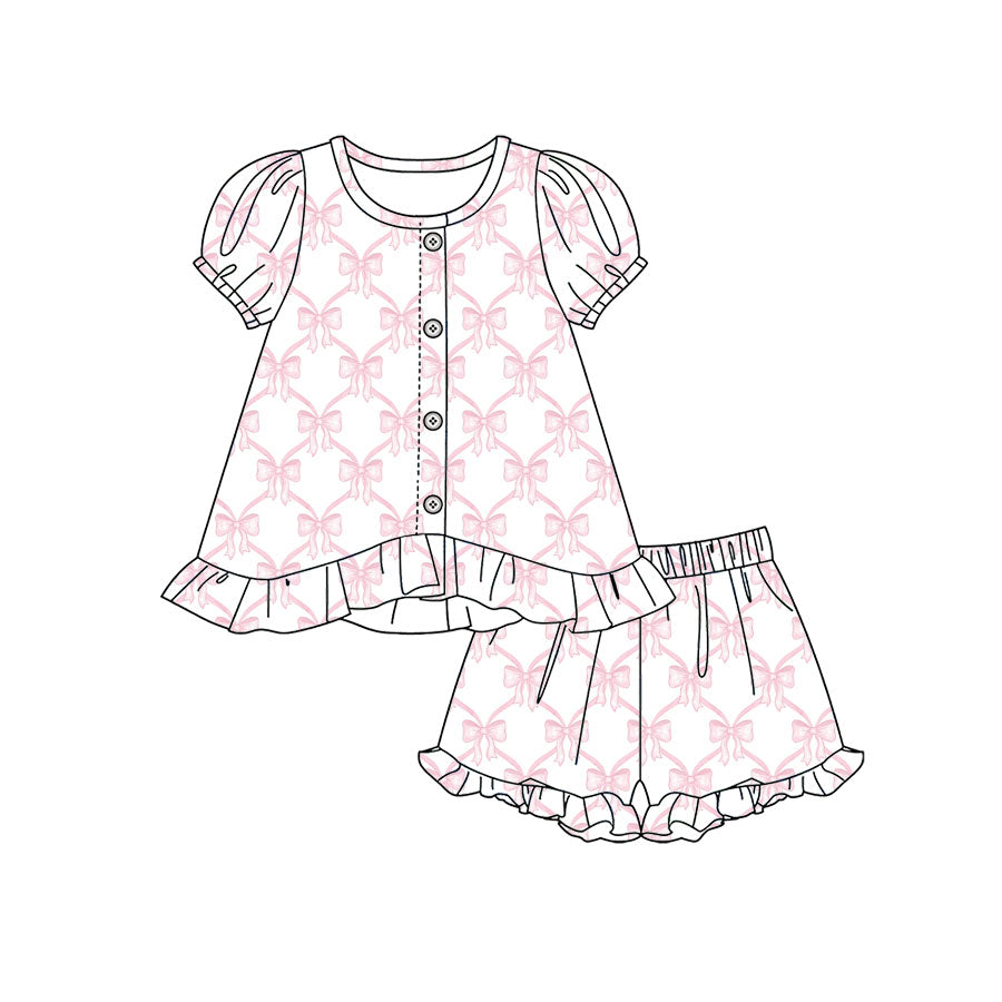 Preorder moq 5 Baby Girls Pink Bows Checked Button Tunic Ruffle Shorts Clothes Set