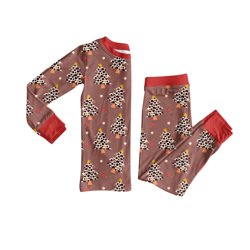 Preorder(moq 5) Baby Girls Christmas Leopard Trees Top Pants Lounge Wear Pajamas Sets