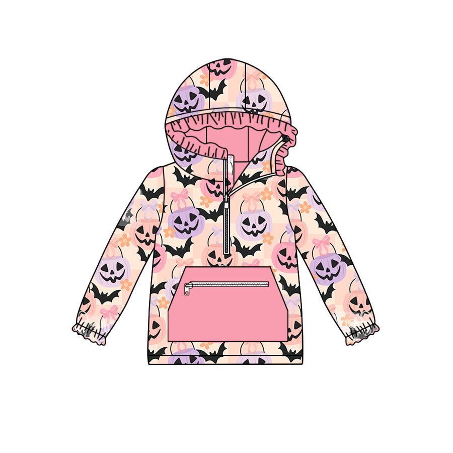 Preorder (moq 5)Baby Girls Long Sleeves Ghosts Pumpkins Plaid Zipper Pockets Hoodies Cardigan Jackets Top