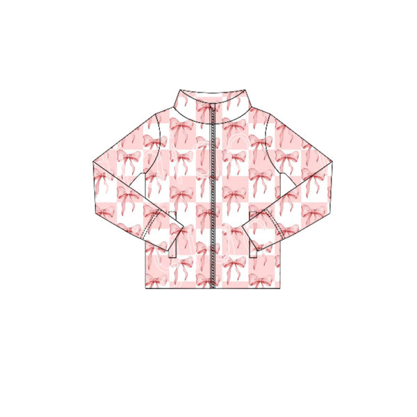 Preorder (moq 5)Baby Girls Long Sleeves Pink Bows Plaid Zipper Pockets Yoga Jackets Top