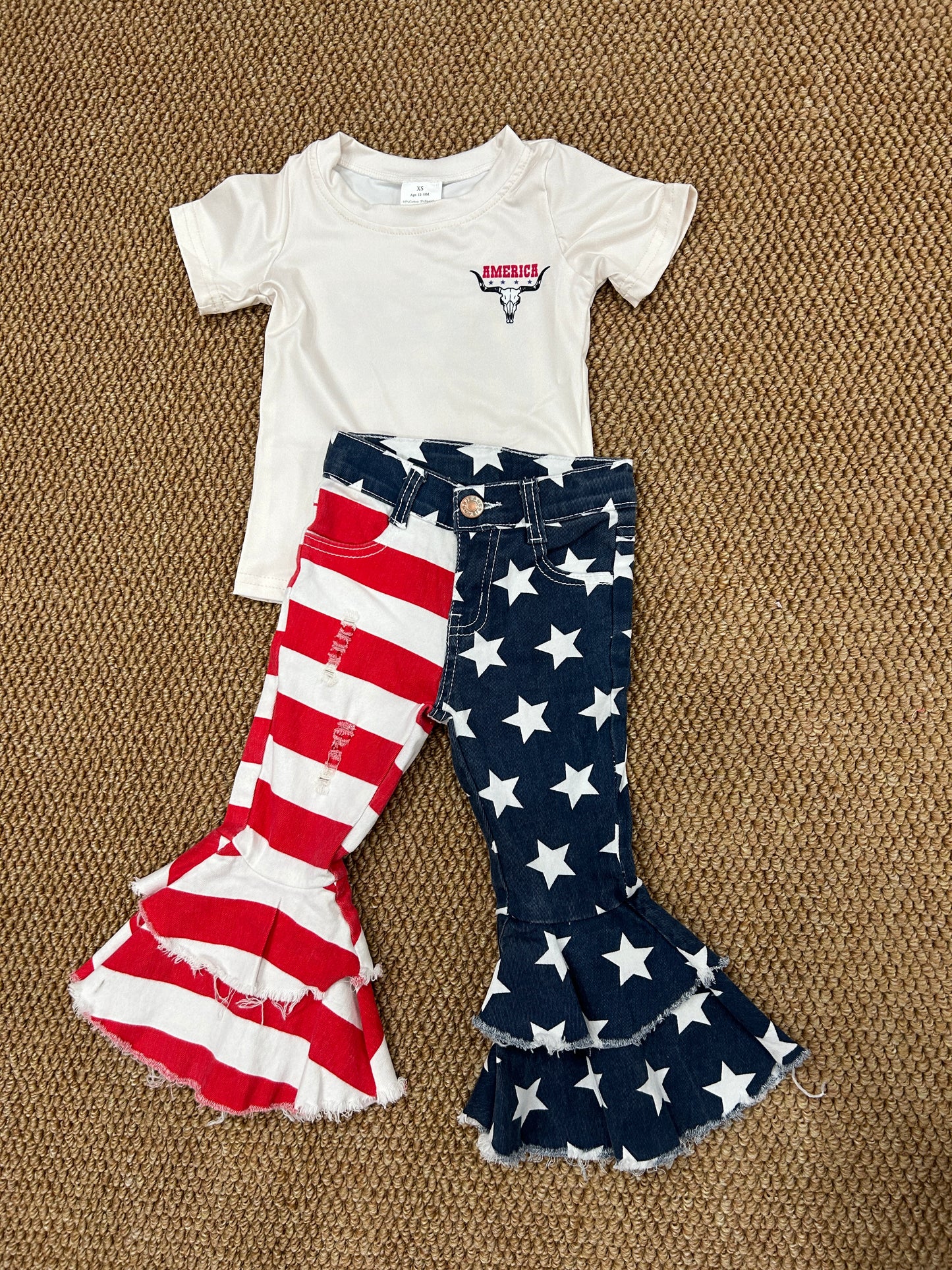 Baby Girls July 4th Star Cow Merica Bell Denim Pants Clothes Sets