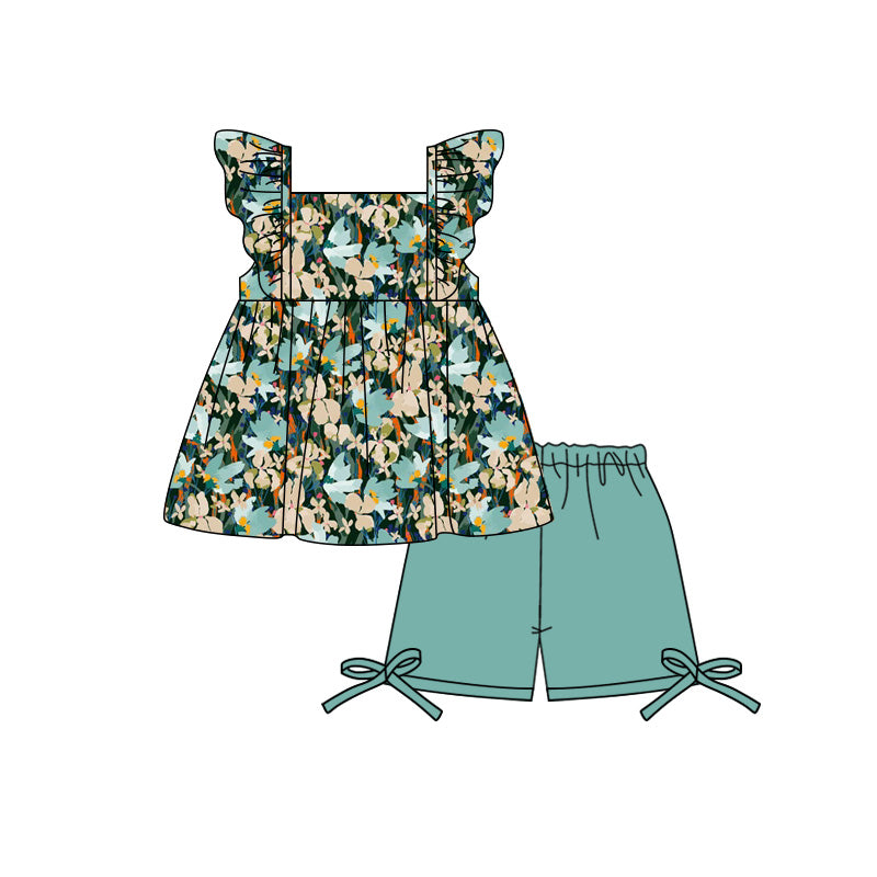 Preorder (moq 5)Baby Girls Flutter Sleeve Green Flowers Tunic Short Clothes Sets