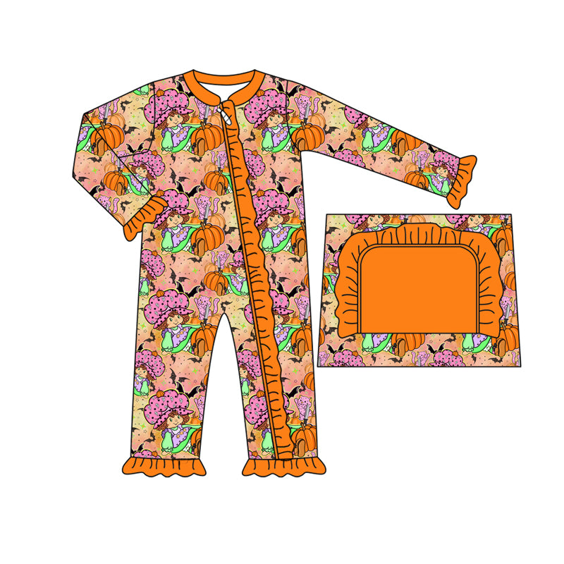 preorder(moq 5)Baby Infant Girls Orange Bat Pumpkins Ruffle Zipper Halloween Rompers