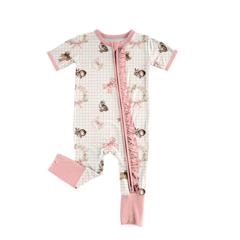 Preorder (moq 5) Baby Girl Clothes Easter Bunny Duck Bow Gingham Mixed Print Short Sleeve Zipper Ruffle Romper