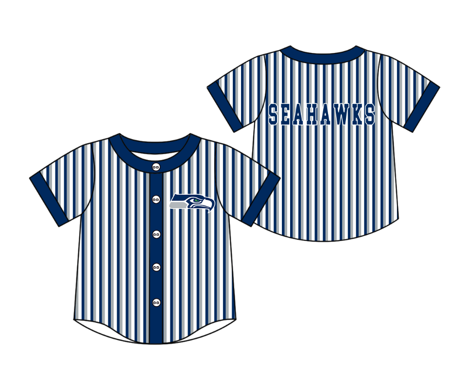 Preorder moq 5 Baby Boys Short Sleeve Seahawks Team Button Stripe Shirts Top
