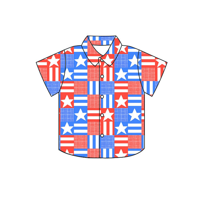 Preorder moq 5 Baby Boys Short Sleeve Flags Checked 4th of July Button Shirts Top