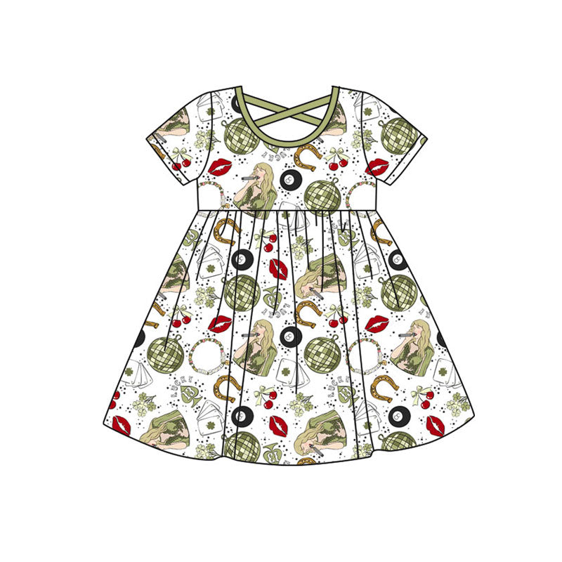 Preorder(moq 5) Baby Girls Short Sleeve Green Clovers Singers St Patrick Knee Length Dresses