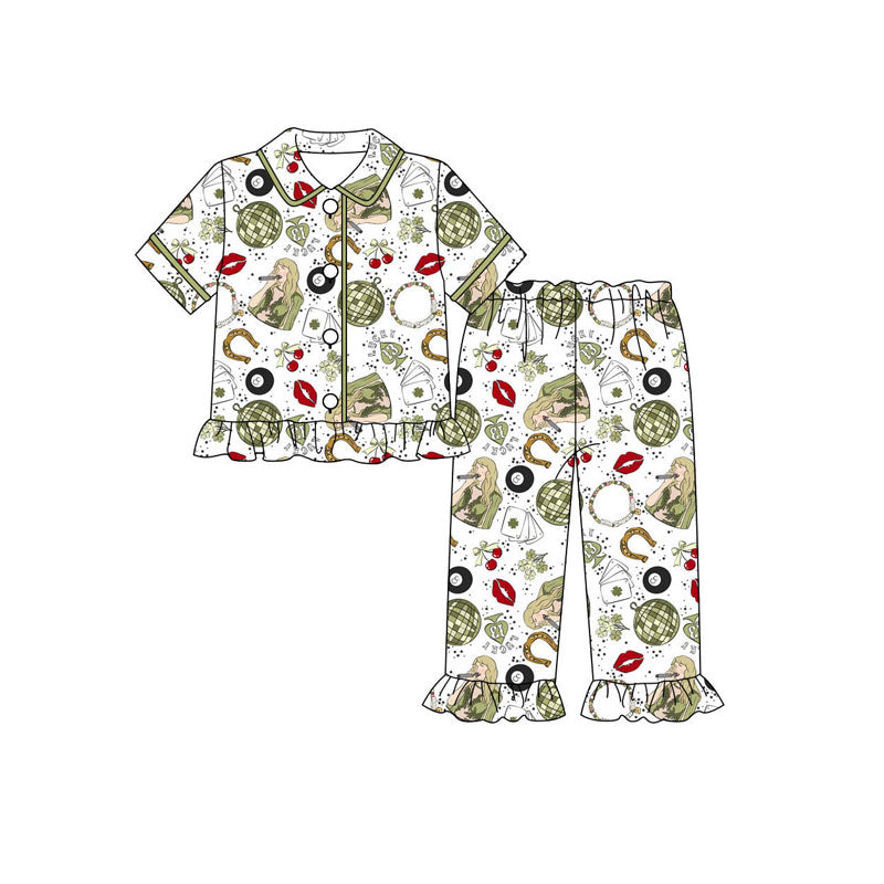 Preorder(moq 5) Baby Girls Green Clovers Singer Button Top Ruffle Pants St Patrick Pajamas Sets