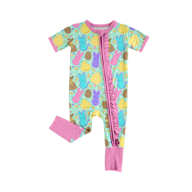 Preorder(moq 8)Baby Girls Rabbits Ice Cream Easter Ruffle Zipper Footie Rompers