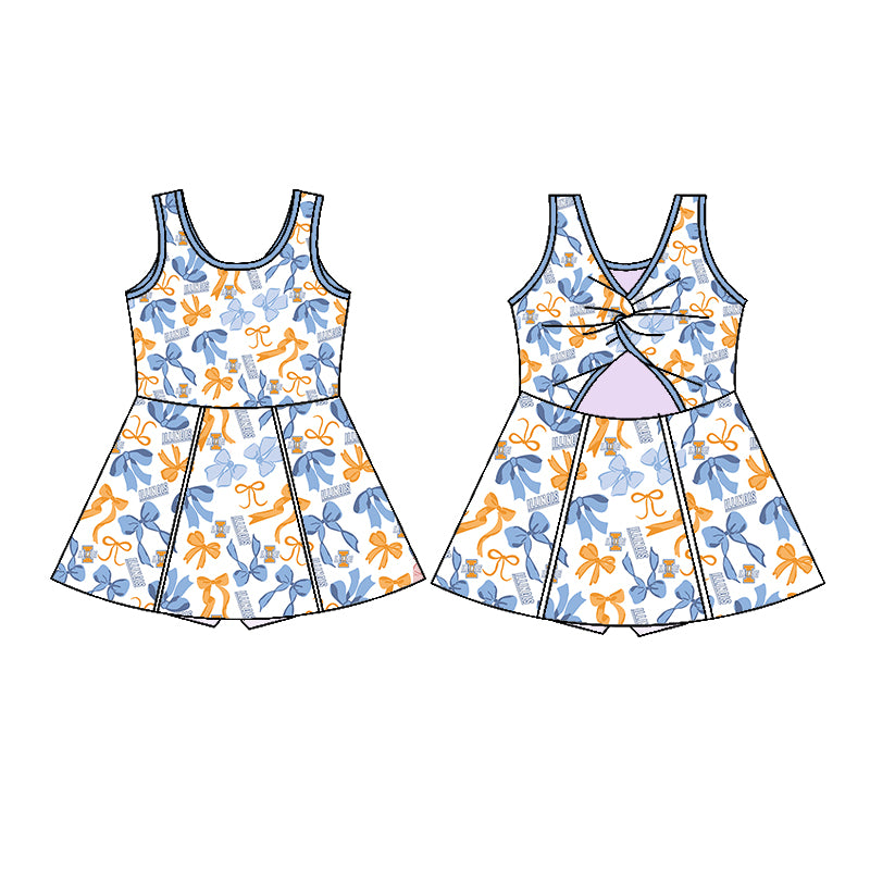 Preorder (moq 5)Baby Girls Sleeveless Blue Orange Bows Plaid Shorts Team Knee Length Dresses