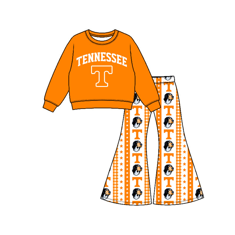 Preorder (moq 5) Girls Tennessee Football Team Long Sleeve Shirts Bell Pants Boutique Outfits Clothes Sets