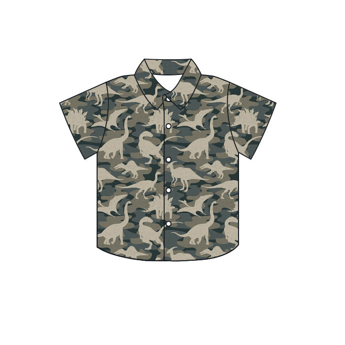 Preorder moq 5 Baby Boys Short Sleeve Southern Camo Dinosaurs Button Shirts Top