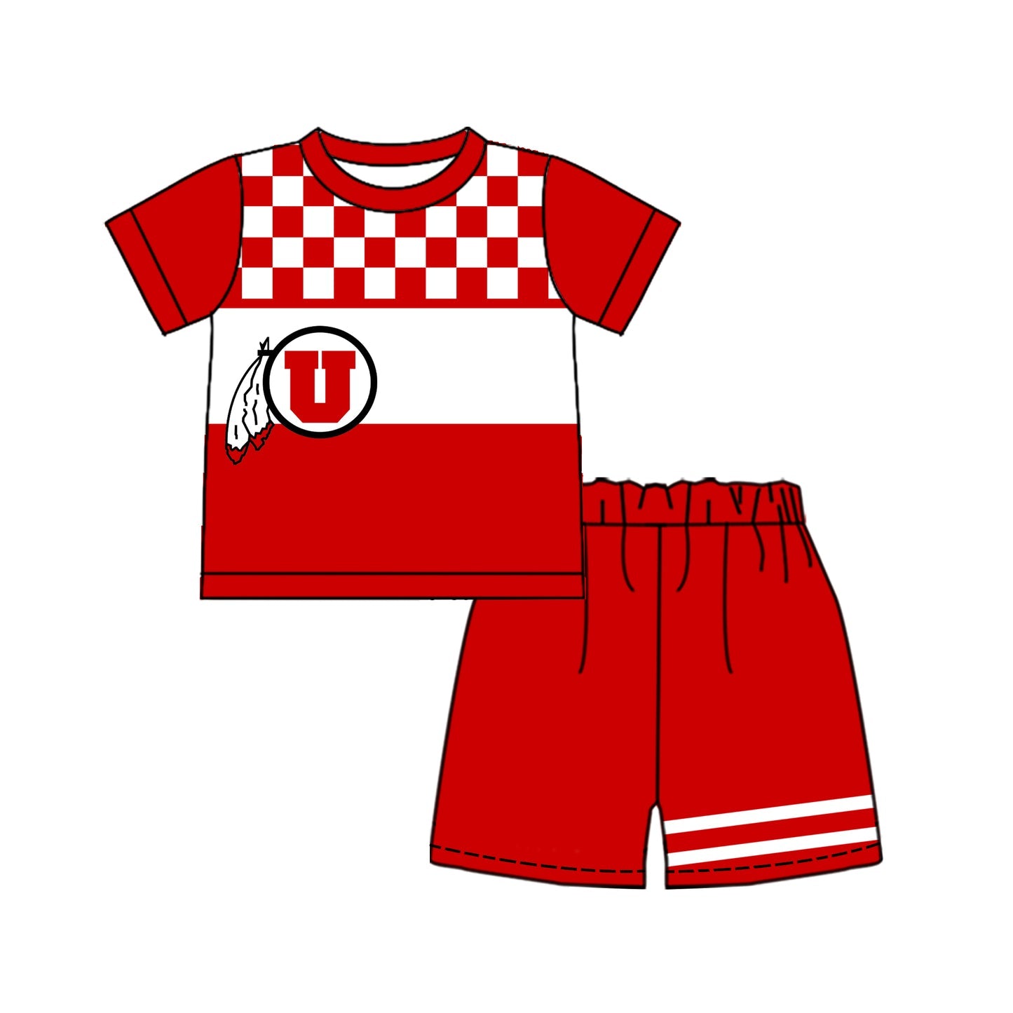 Preorder (moq 5)Baby Boys Red Checked Utah Utes Shirt Top Short Team Clothes Sets